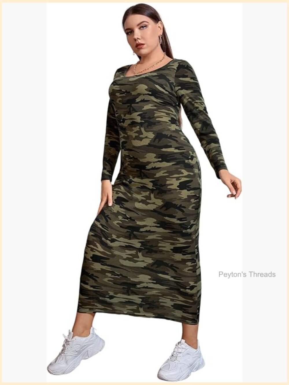 Plus Size Camo Print Long Sleeve Pencil Bodycon Midi Dress